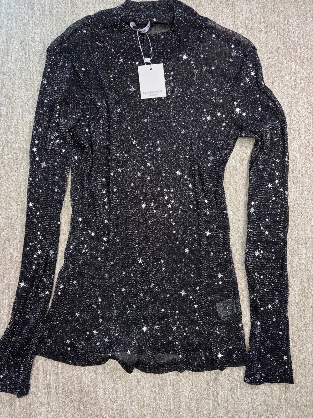 Mango Black Star Motif Sheer Long Sleeve Top Size M